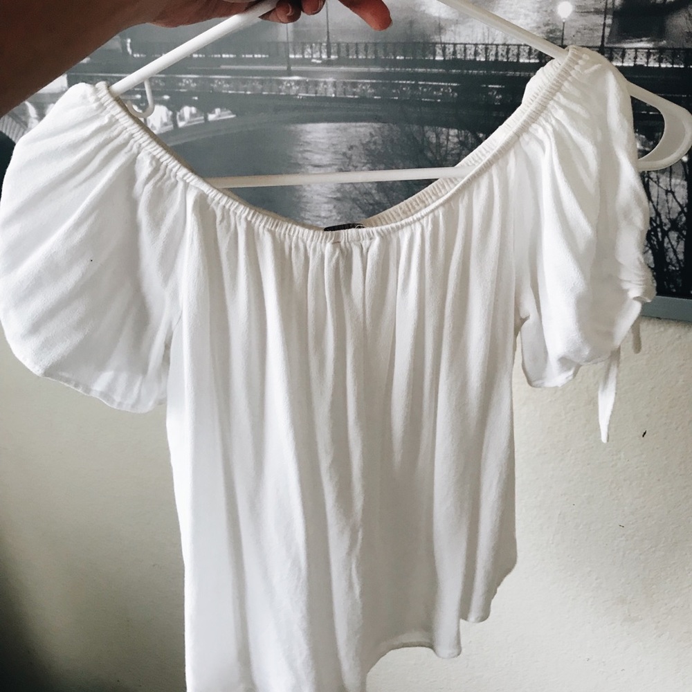 white strapless peasant top with tied sleeves